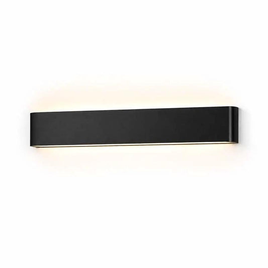 Minimalist LED Wall Light mounted on a white wall; black wall lamp emitting upward and downward light.
