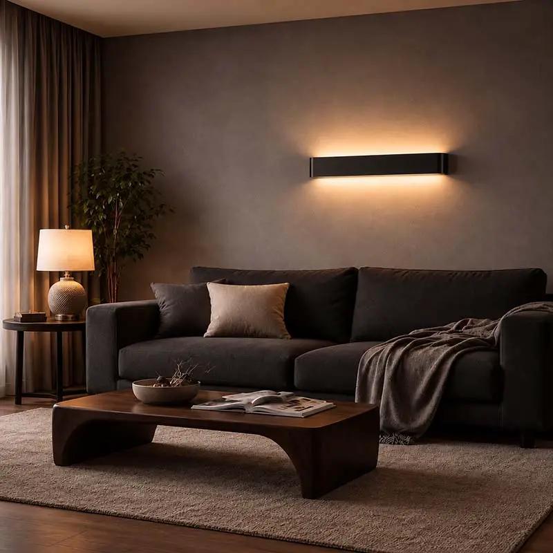 Minimalist LED Wall Light, up & down wall lamp mounted above sofa in living room.