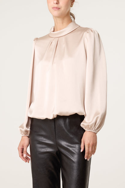 Dames Blouse Satijnlook met Pofmouwen - Champagne
