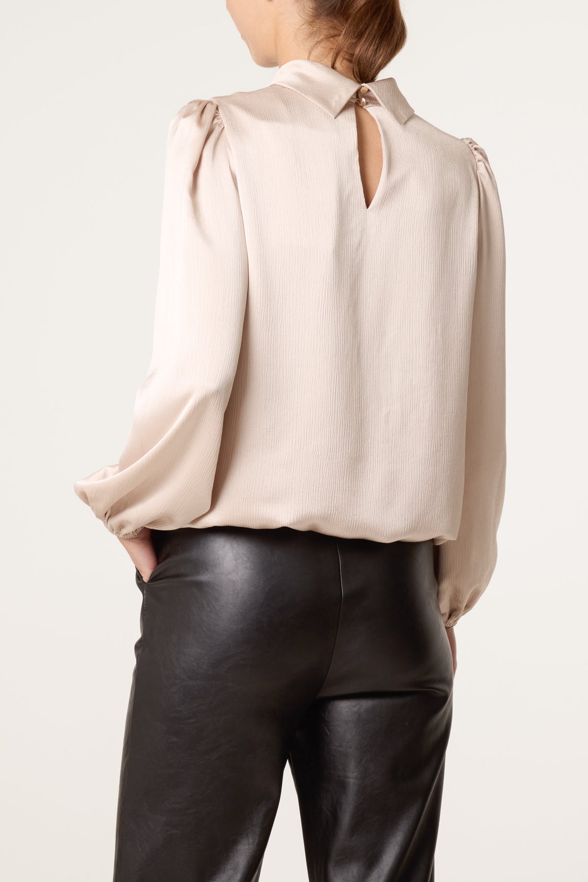 Dames Blouse Satijnlook met Pofmouwen - Champagne