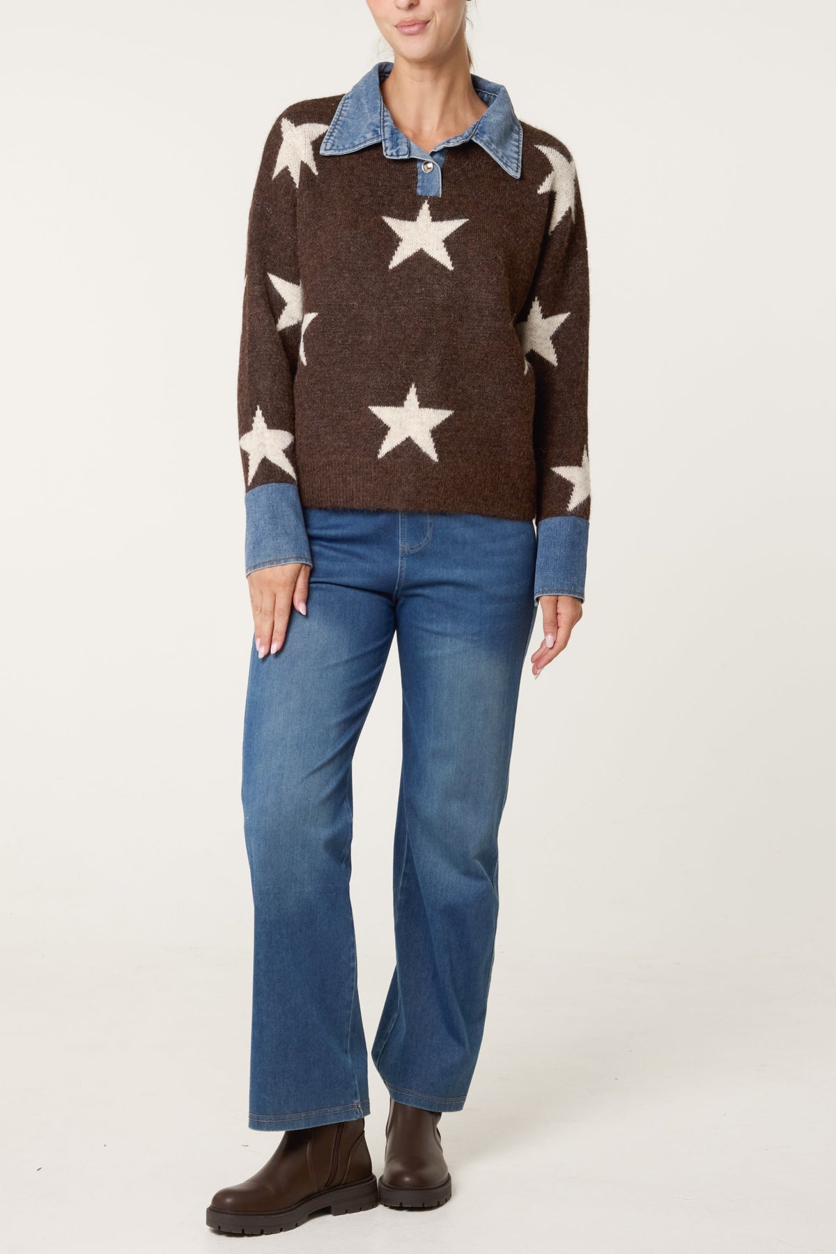 Dames Trui met Denim Kraag en Ster Motief - Gebreide Pullover