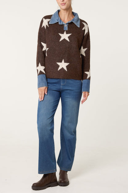 Dames Trui met Denim Kraag en Ster Motief - Gebreide Pullover