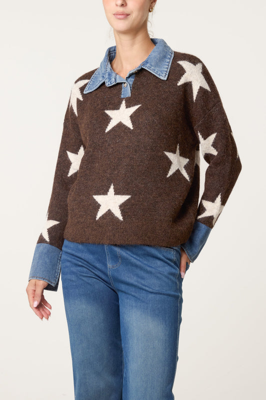 Dames Trui met Denim Kraag en Ster Motief - Gebreide Pullover