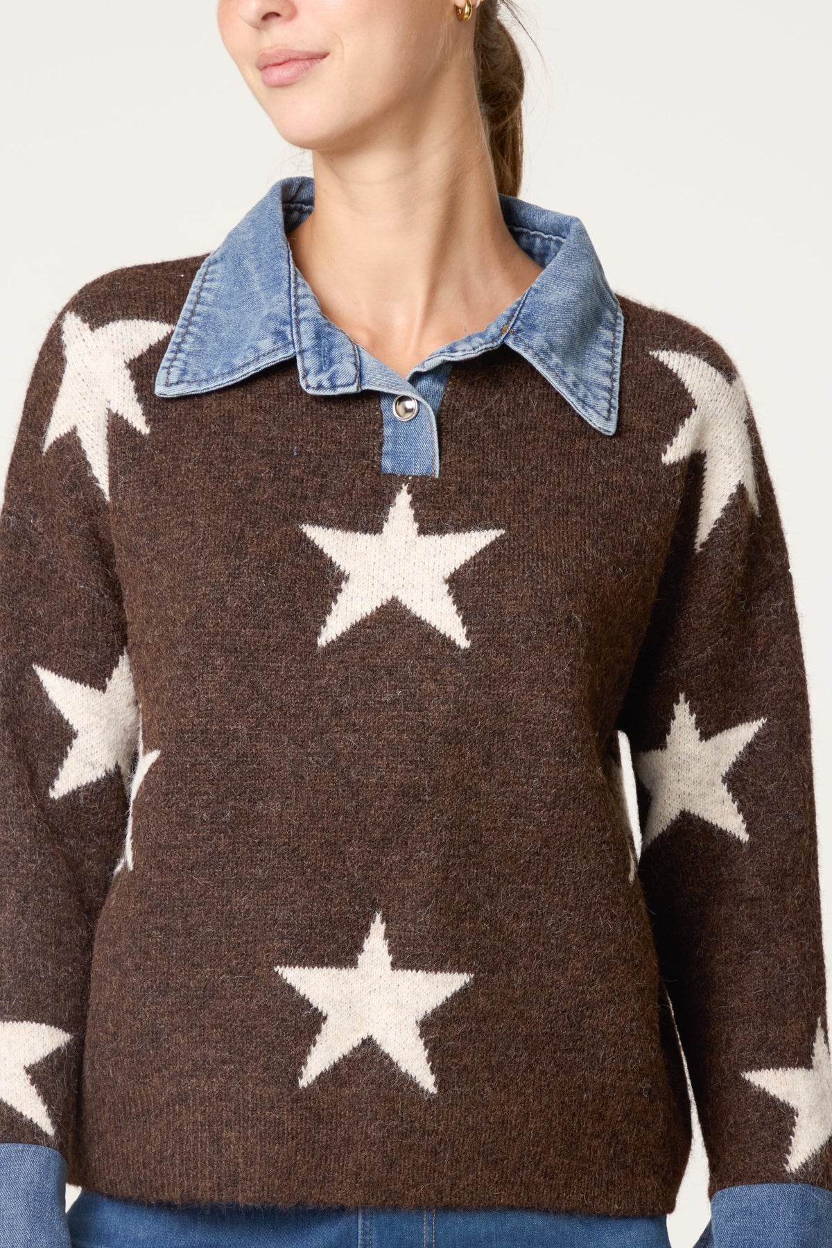 Dames Trui met Denim Kraag en Ster Motief - Gebreide Pullover