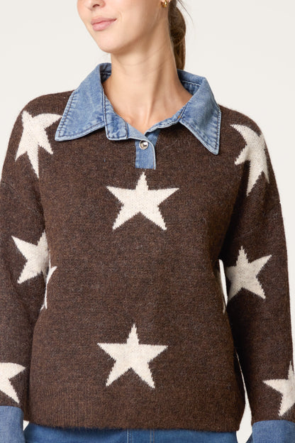 Dames Trui met Denim Kraag en Ster Motief - Gebreide Pullover