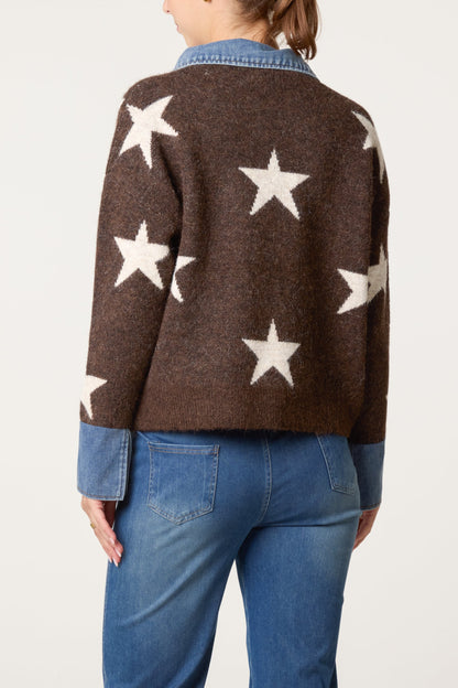 Dames Trui met Denim Kraag en Ster Motief - Gebreide Pullover