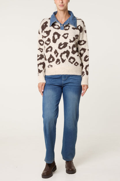 Dames Trui met Denim Kraag en Animal Print