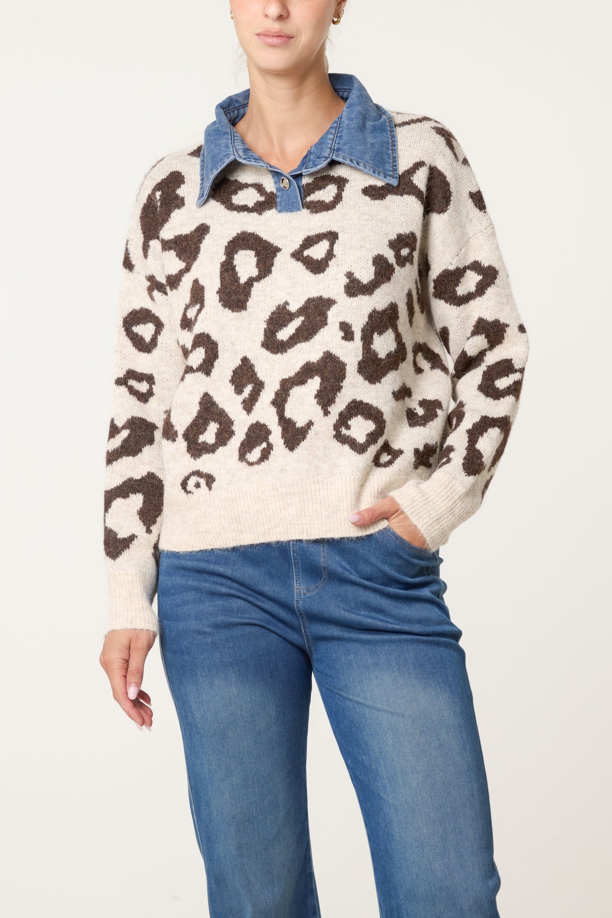 Dames Trui met Denim Kraag en Animal Print