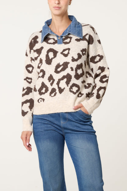 Dames Trui met Denim Kraag en Animal Print