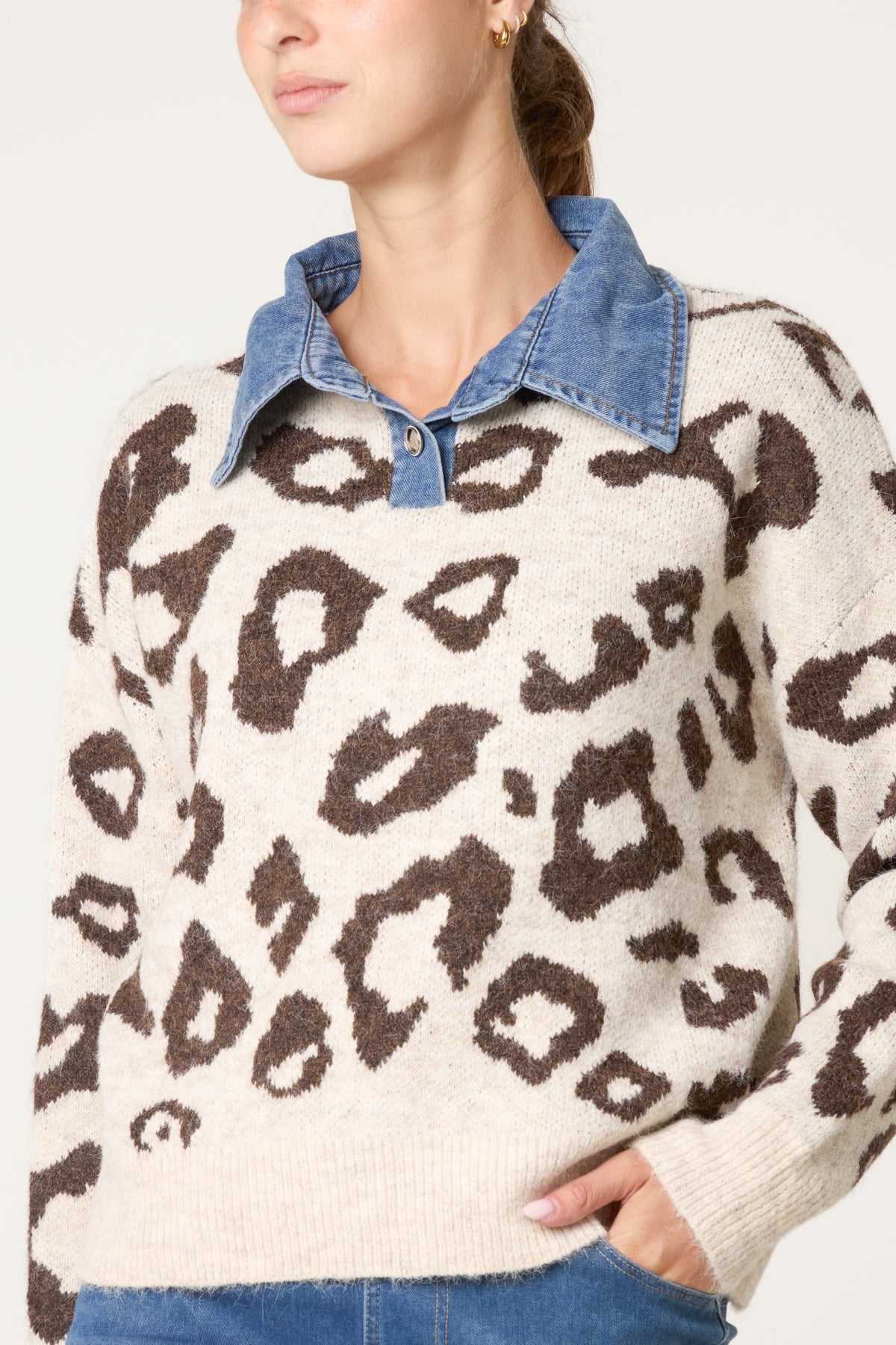 Dames Trui met Denim Kraag en Animal Print