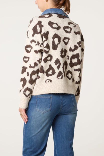 Dames Trui met Denim Kraag en Animal Print