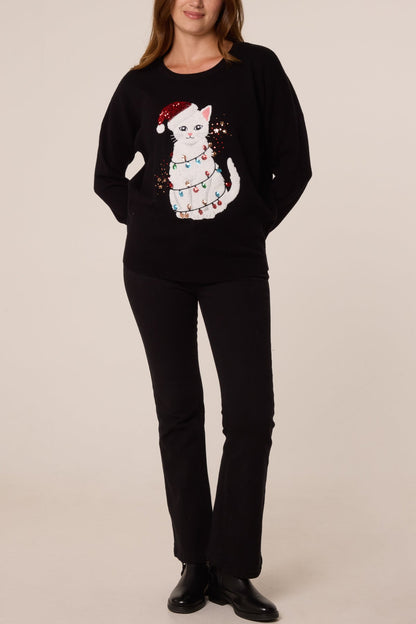 Dames Kersttrui met Pailletten en Kat Applicatie – Zwart