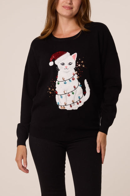 Dames Kersttrui met Pailletten en Kat Applicatie – Zwart