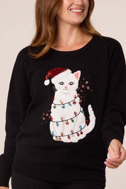 Dames Kersttrui met Pailletten en Kat Applicatie – Zwart
