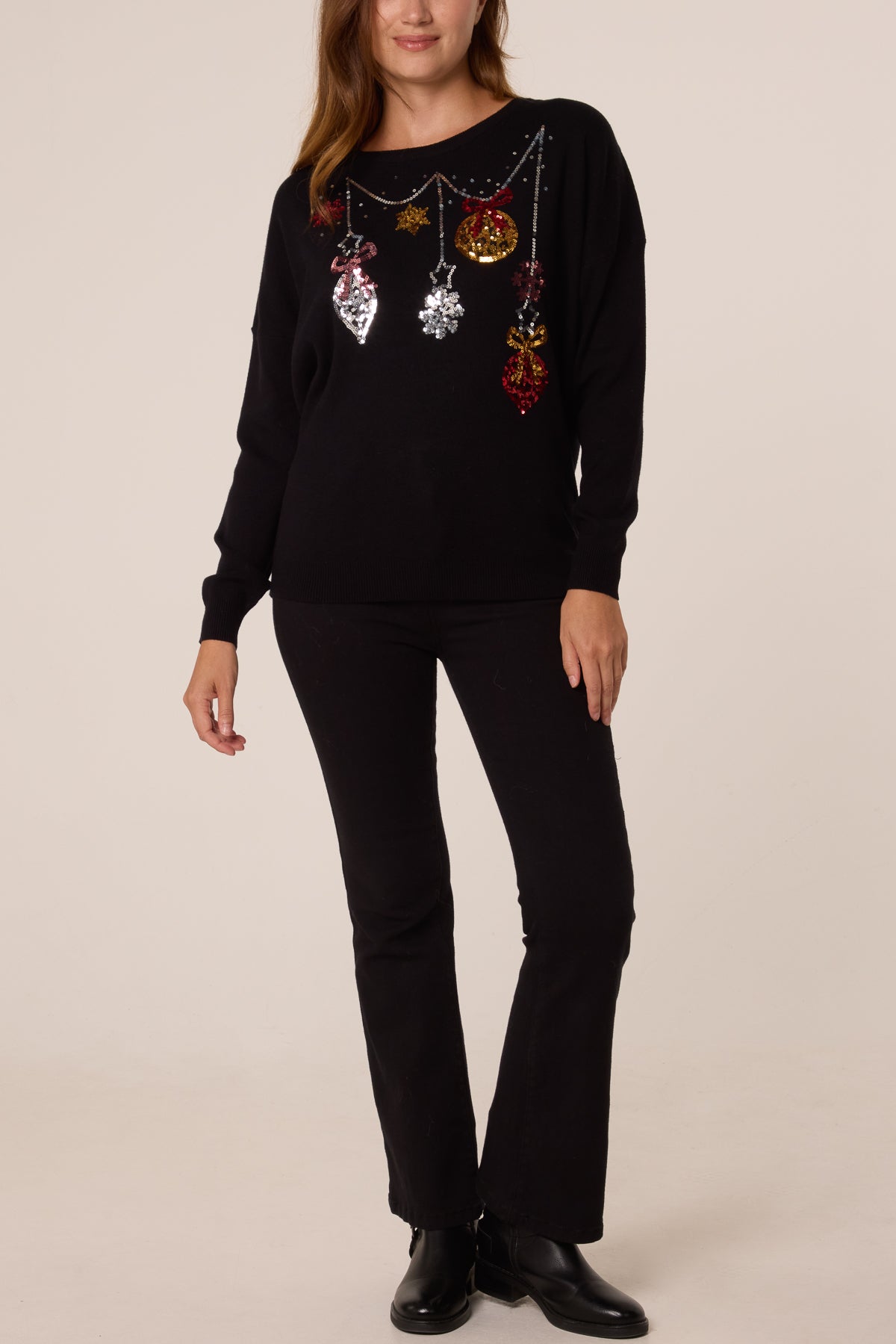 Dames Kersttrui met Sequin Kerstbal en Sneeuwvlok Detail