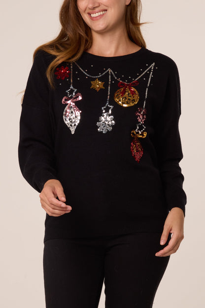 Dames Kersttrui met Sequin Kerstbal en Sneeuwvlok Detail
