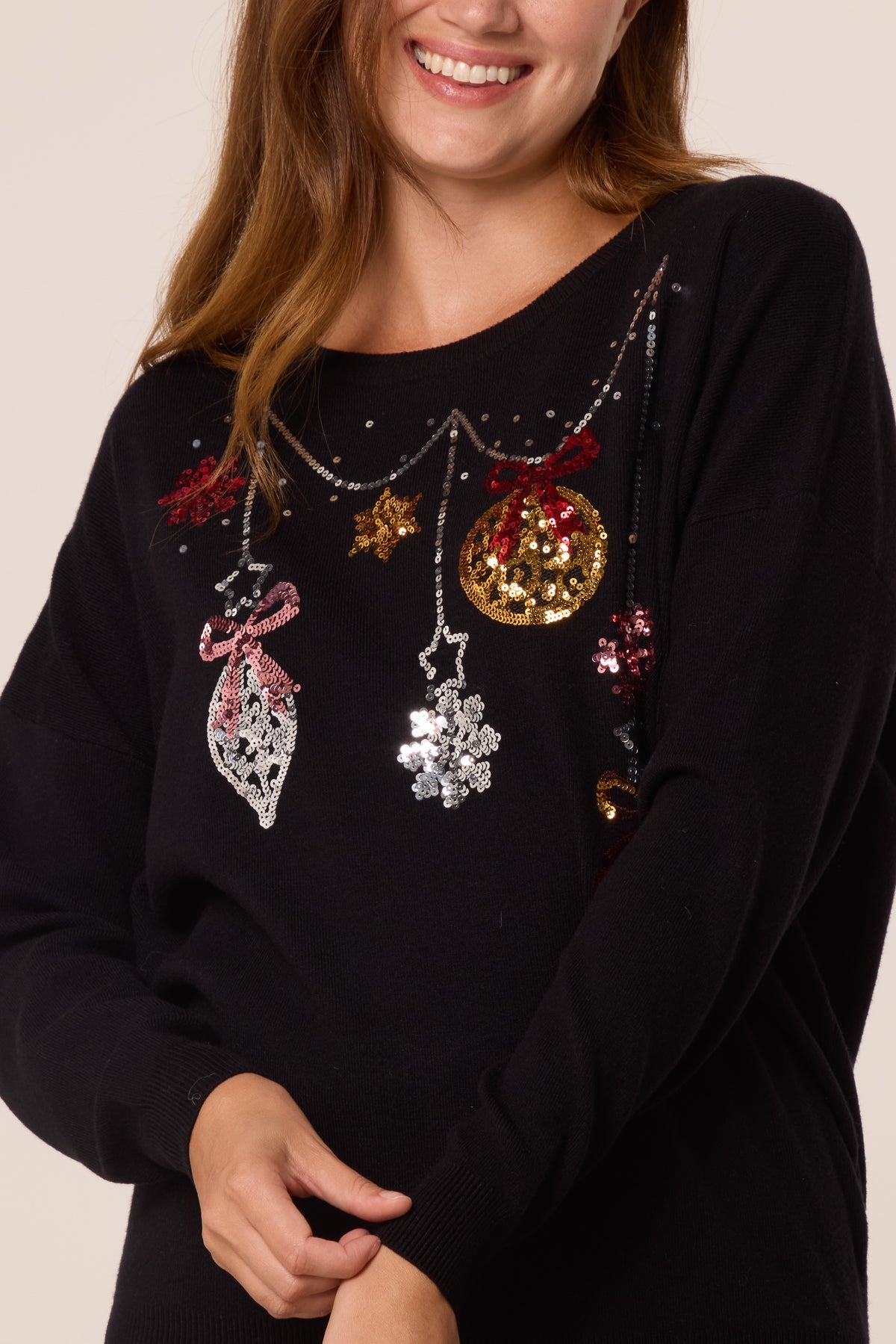 Dames Kersttrui met Sequin Kerstbal en Sneeuwvlok Detail