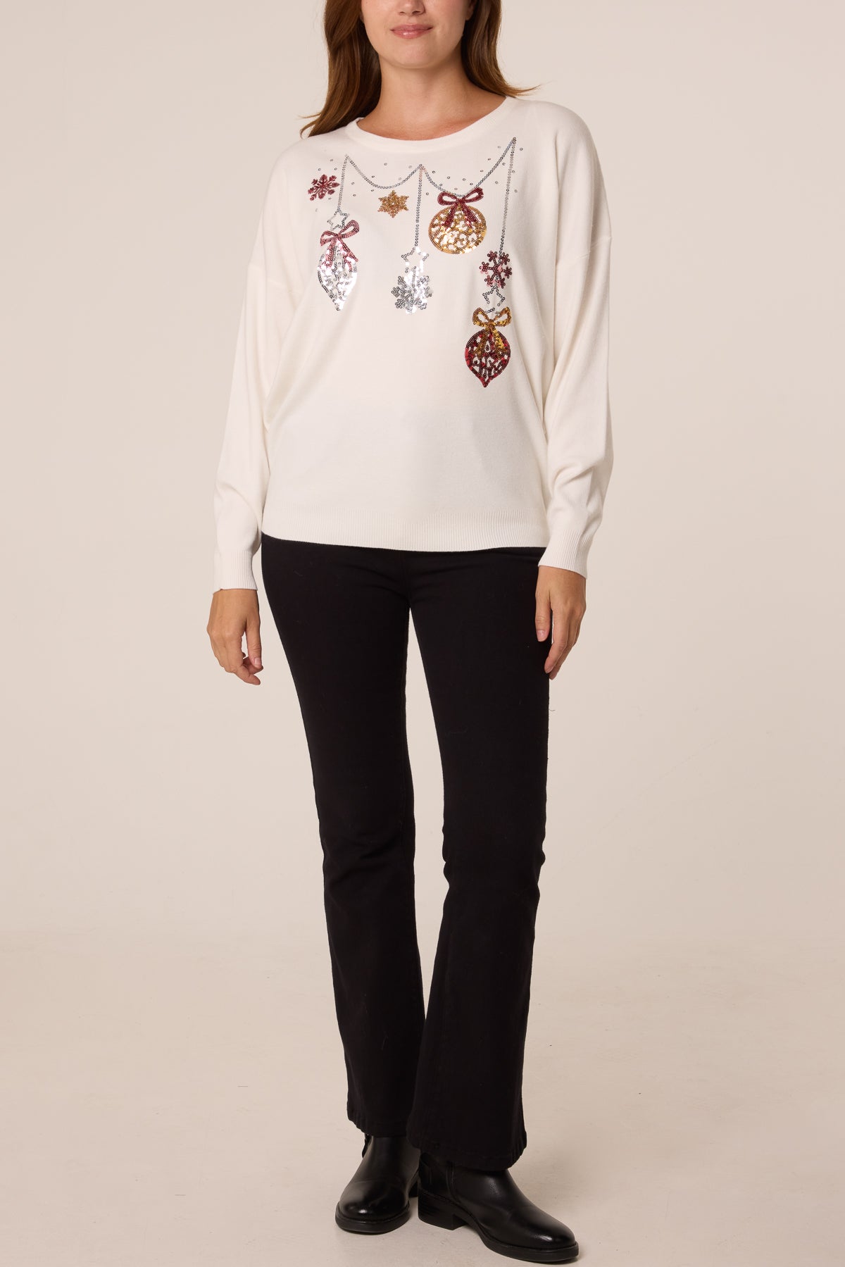 Dames Kersttrui met Sequin Kerstbal en Sneeuwvlok Detail