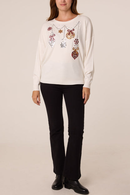 Dames Kersttrui met Sequin Kerstbal en Sneeuwvlok Detail