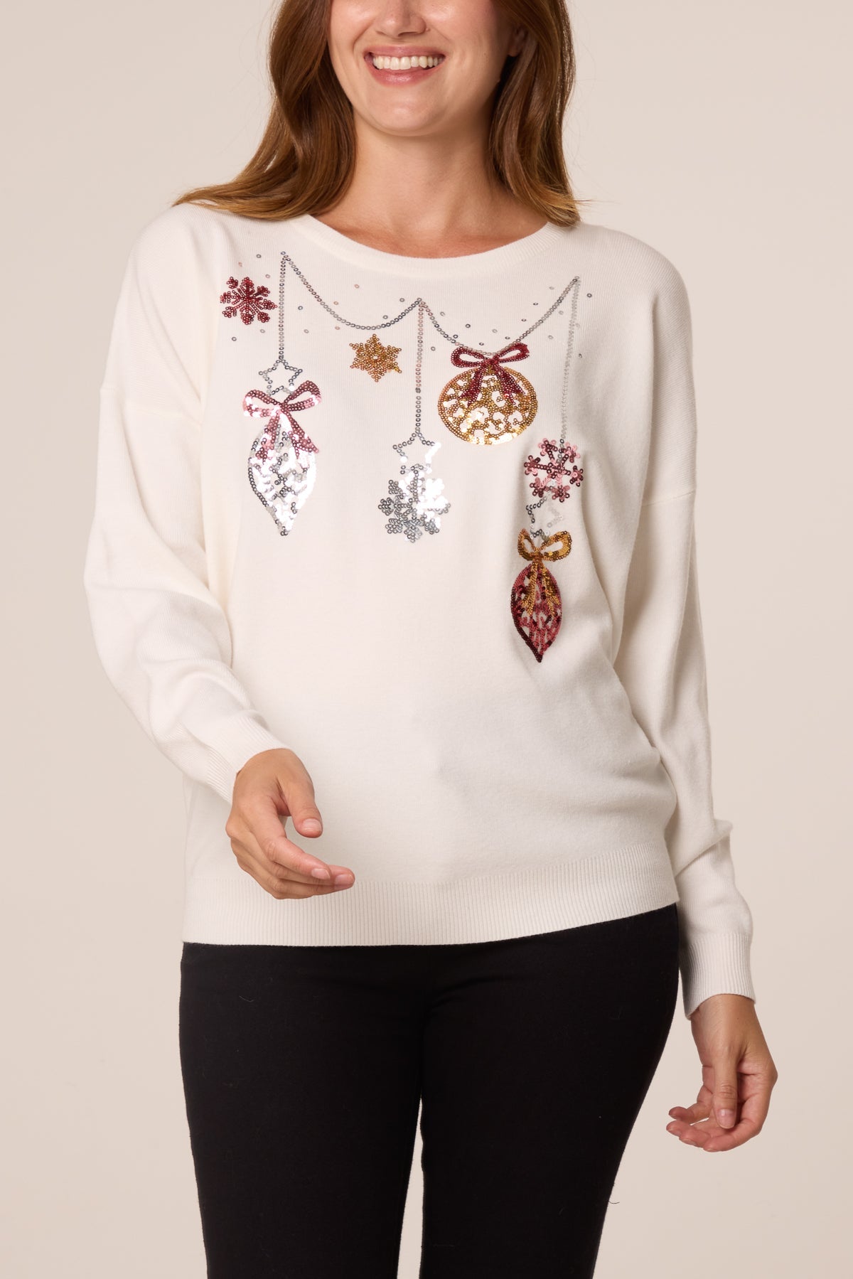 Dames Kersttrui met Sequin Kerstbal en Sneeuwvlok Detail