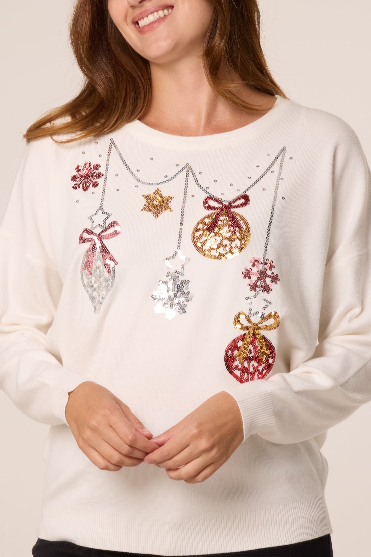 Dames Kersttrui met Sequin Kerstbal en Sneeuwvlok Detail