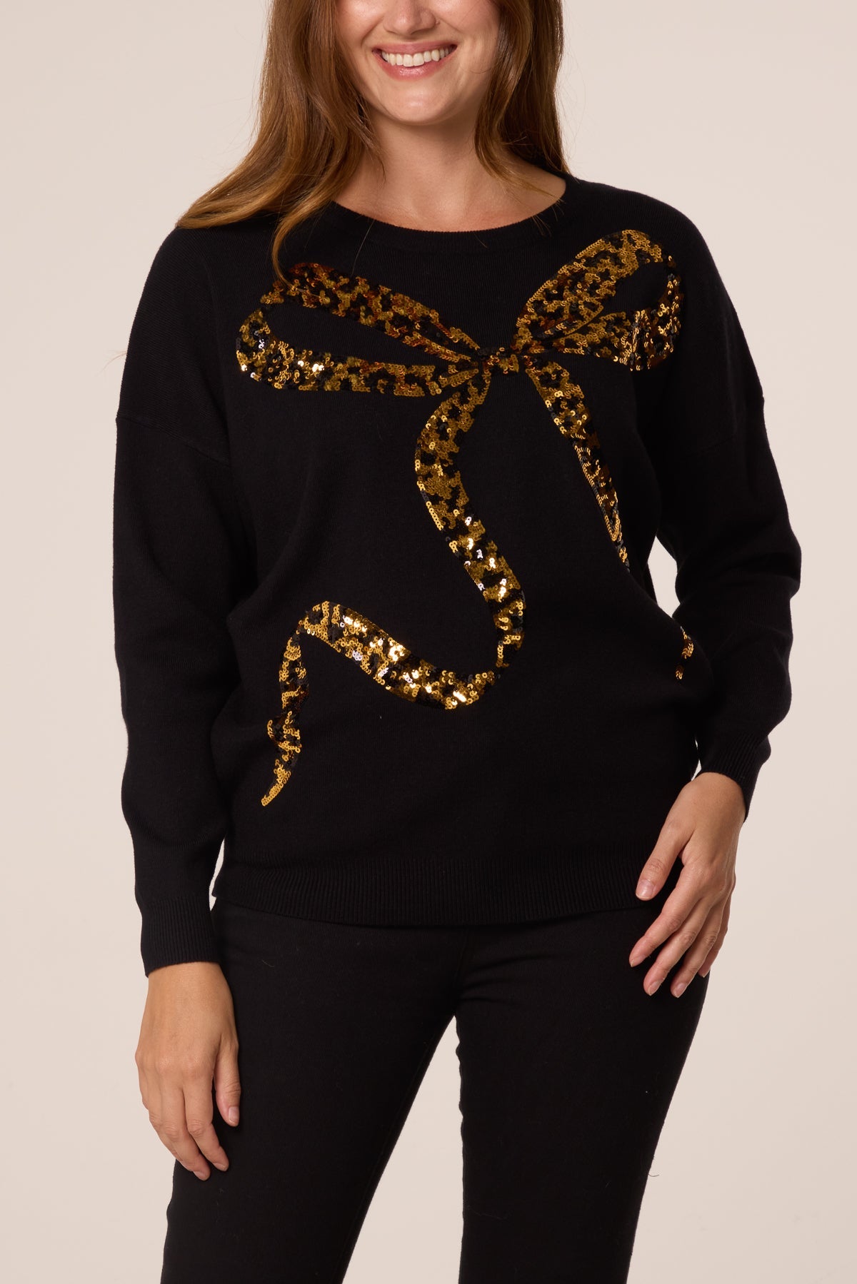 Dames Trui met Pailletten Luipaardprint en Strik
