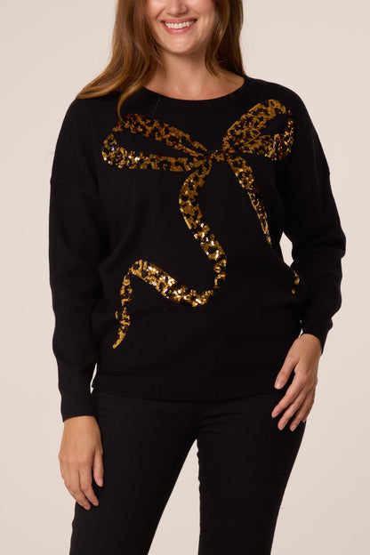 Dames Trui met Pailletten Luipaardprint en Strik