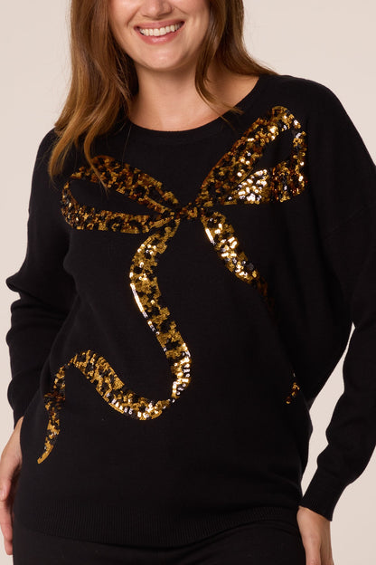 Dames Trui met Pailletten Luipaardprint en Strik