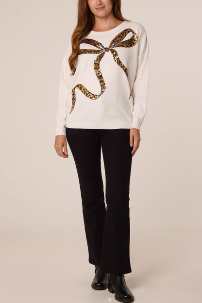 Dames Trui met Pailletten Luipaardprint en Strik