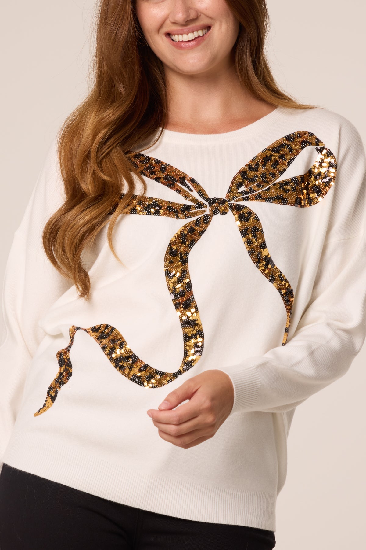 Dames Trui met Pailletten Luipaardprint en Strik
