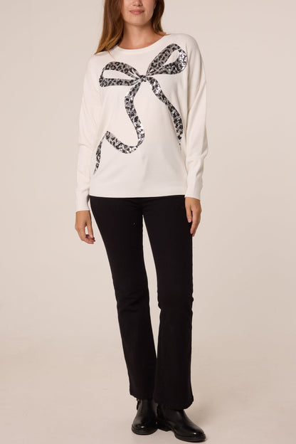 Dames Trui met Pailletten Luipaardprint en Strik