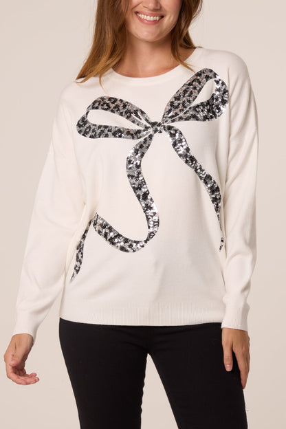 Dames Trui met Pailletten Luipaardprint en Strik