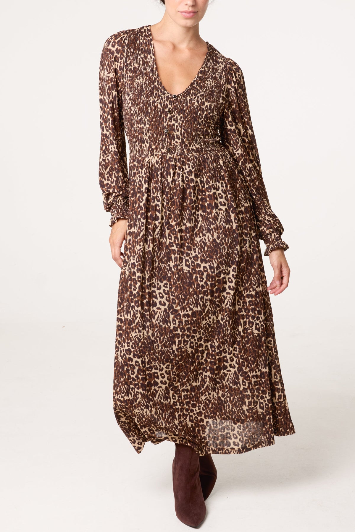 Dames Midi Jurk met V-hals en Knoopsluiting – Animalprint