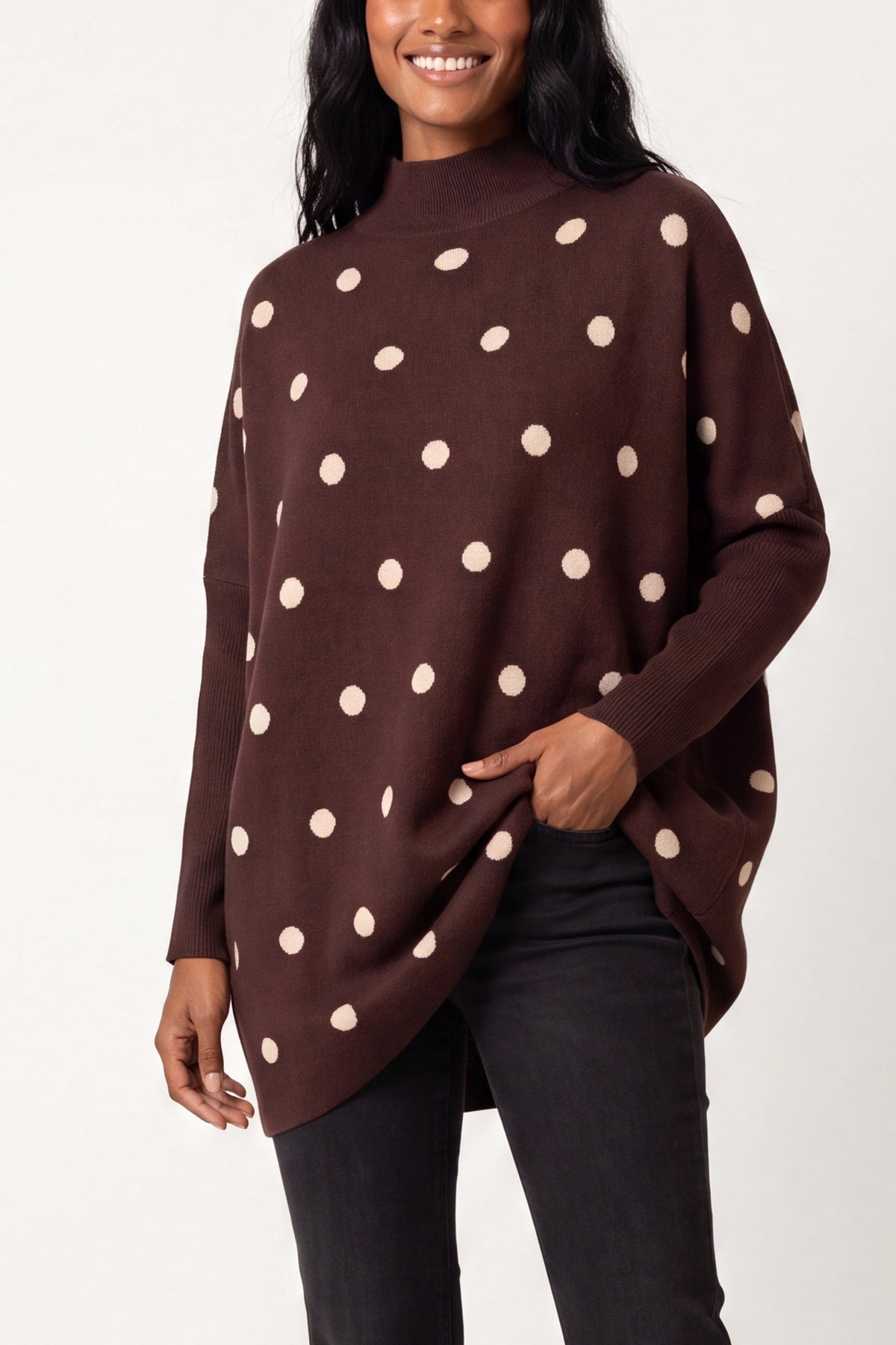 Dames Trui met Polkadot Print – Gebreide Pullover met Batwing Mouwen