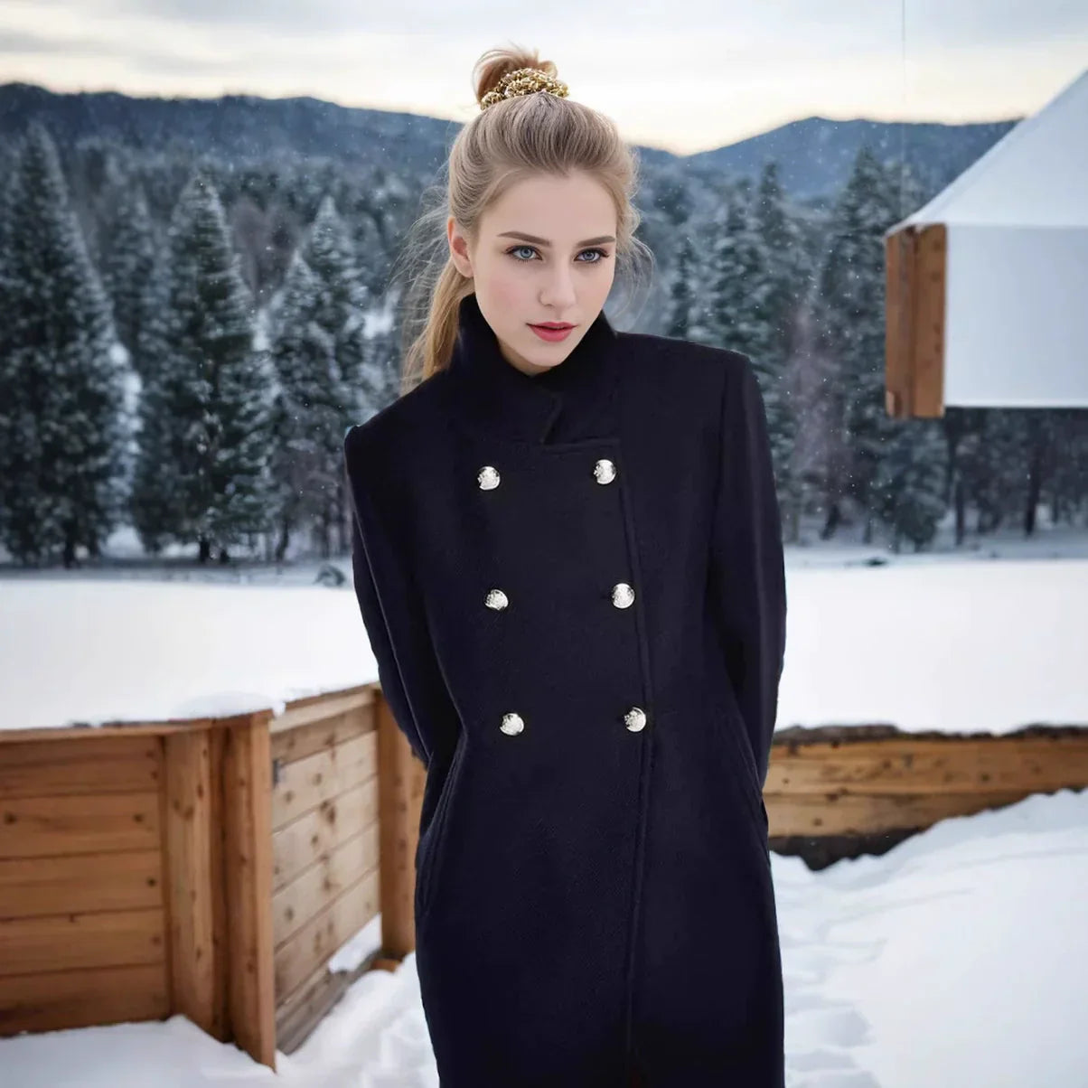 Dames Dubbelgeknoopte Wollen Jas – Hoge Kraag, Warm en Stijlvol voor Herfst en Winter