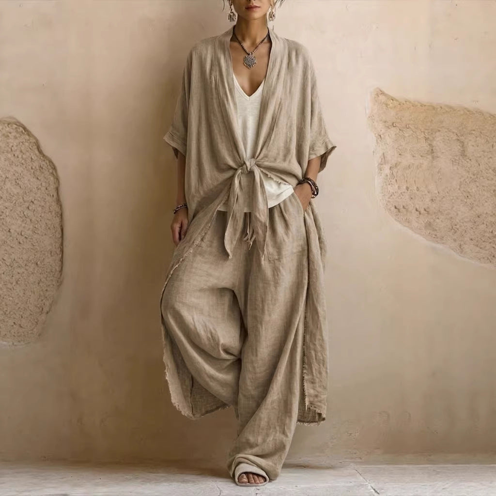 Dames Kimono Broekset Linnen - Oversized Vest met Wide Leg Broek
