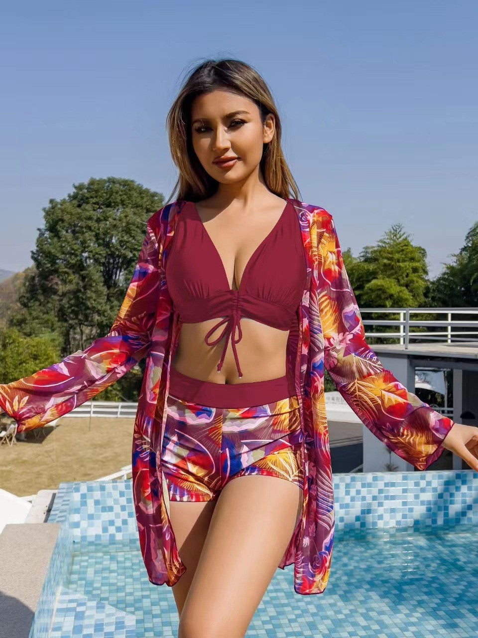 Zwemstof Driedelige Zwemset met Top, Short en Cover-up – Perfecte Mix voor Strand en Zwembad
