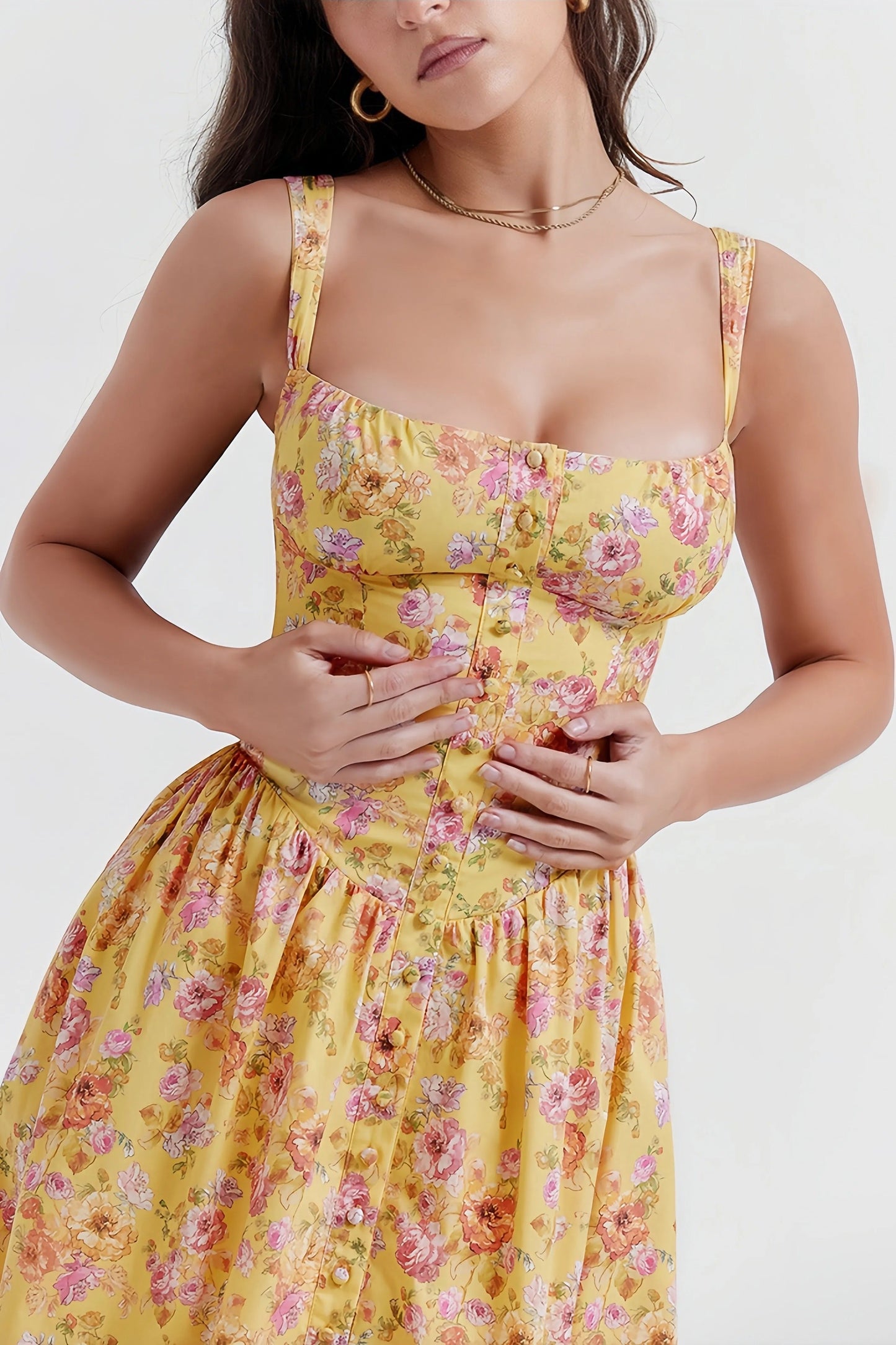 Fenna - Stijlvolle Gele Midi Jurk met Bloemenprint