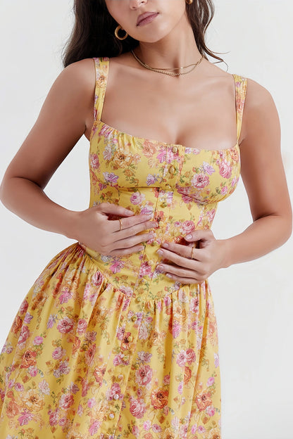 Fenna - Stijlvolle Gele Midi Jurk met Bloemenprint