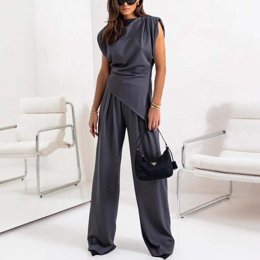 Dames Tweedelige Set Drapetop met Hoge Taille Wijde Broek