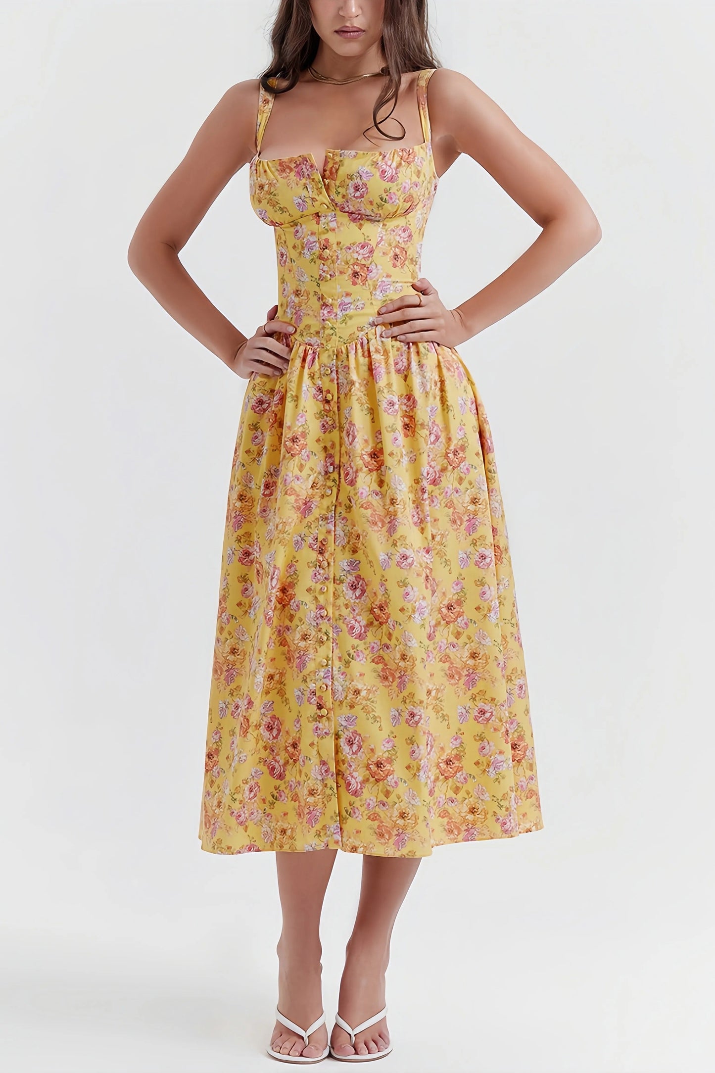 Fenna - Stijlvolle Gele Midi Jurk met Bloemenprint