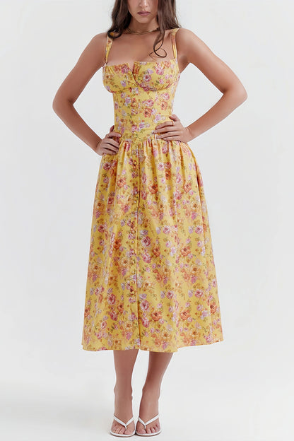Fenna - Stijlvolle Gele Midi Jurk met Bloemenprint