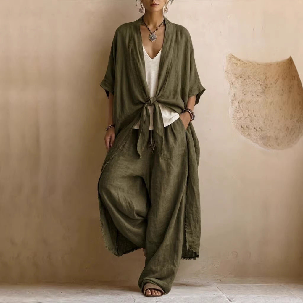 Dames Kimono Broekset Linnen - Oversized Vest met Wide Leg Broek