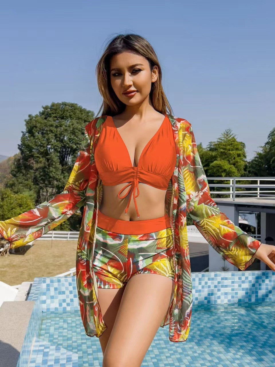 Zwemstof Driedelige Zwemset met Top, Short en Cover-up – Perfecte Mix voor Strand en Zwembad