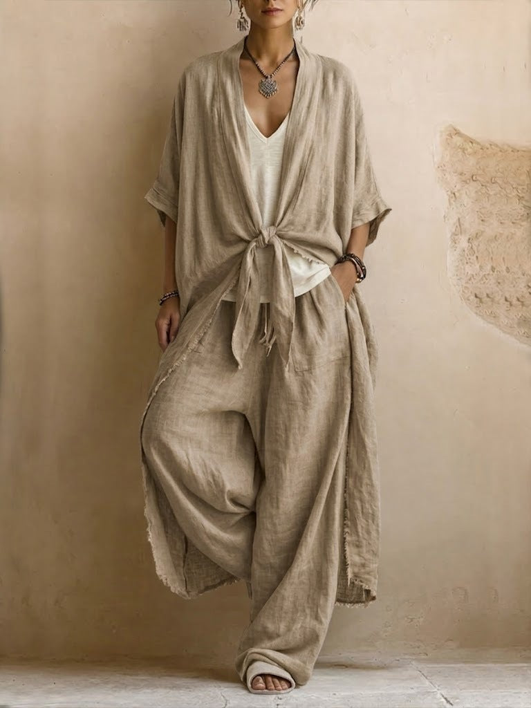Dames Kimono Broekset Linnen - Oversized Vest met Wide Leg Broek