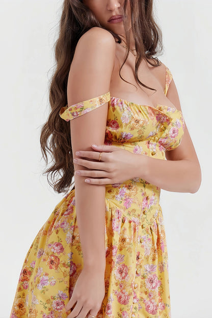 Fenna - Stijlvolle Gele Midi Jurk met Bloemenprint