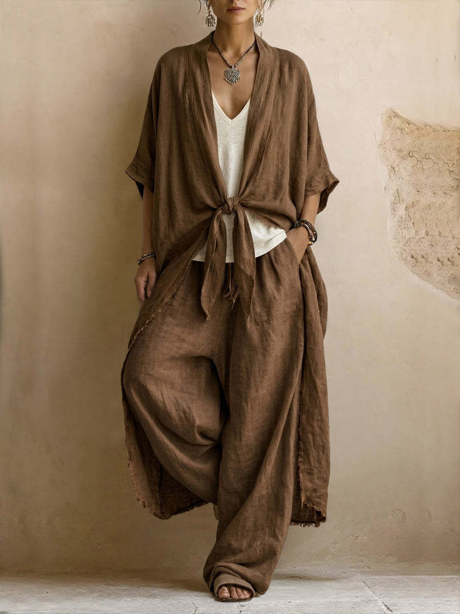 Dames Kimono Broekset Linnen - Oversized Vest met Wide Leg Broek