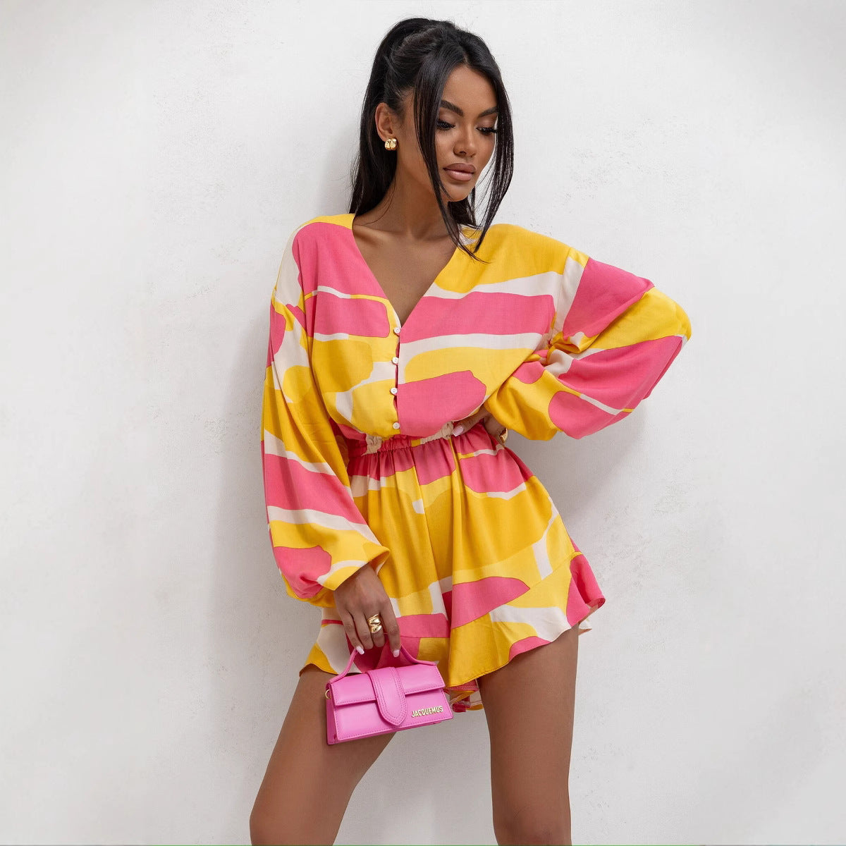 Ballonmouwen Playsuit met Ruches – Speelse Dames Outfit voor Zomerse Uitstraling