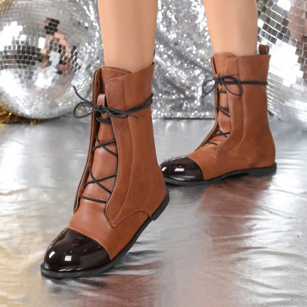 Dames Moderne Veterlaarzen – Zwart Leer, Casual Enkellaarsjes voor Herfst en Winter