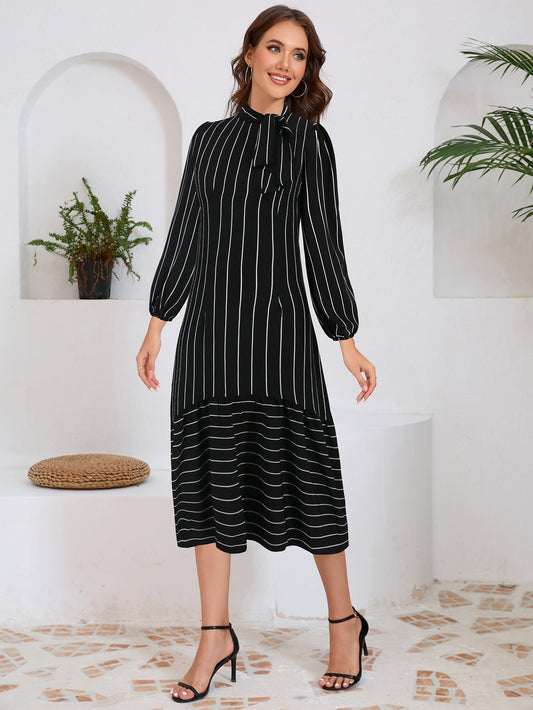 Strikdetail Midi Jurk met Lange Mouwen – Elegante Look voor Elke Gelegenheid